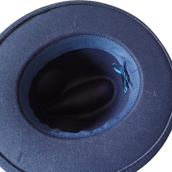 Navy Blue Women's Fedora Brimmed Hat, Brown Strap, Adjustable Size - Picture 4 of 11